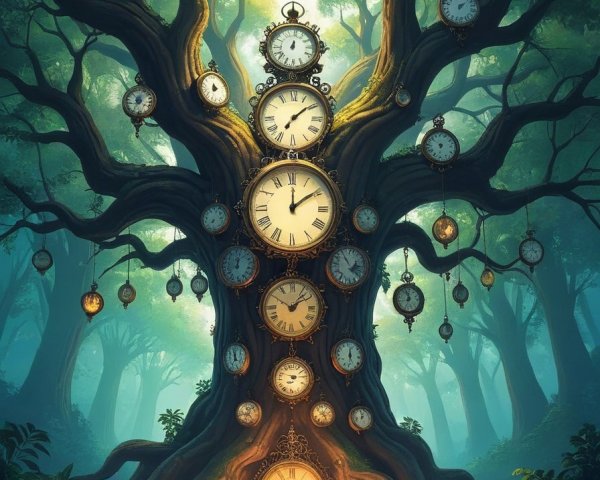 Mystical forest with a giant clock-adorned tree