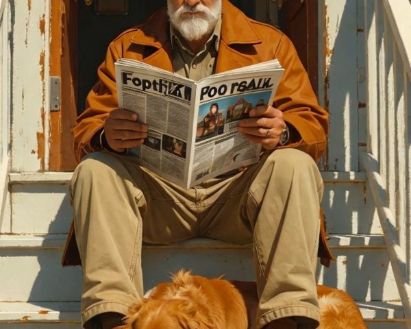 Man with white beard reading newspaper on steps