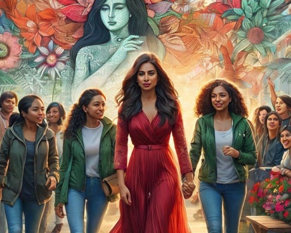 Confident Woman in Red Dress with Girls in Vibrant Street