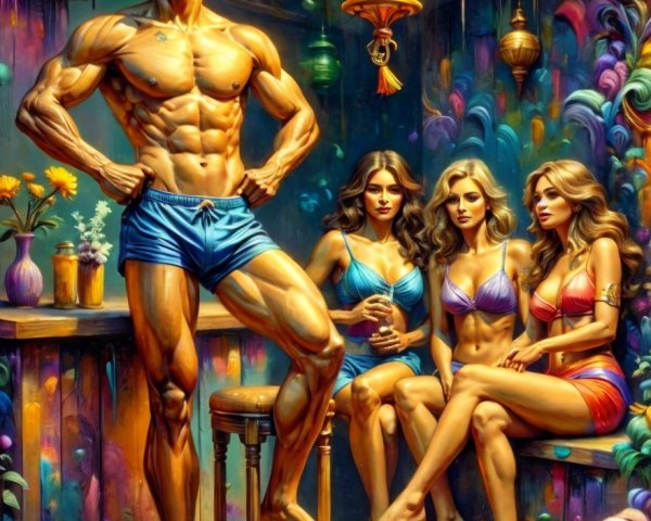 Surreal Scene with Muscular Man and Glamorous Women