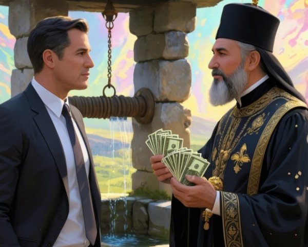 Men in Distinct Attire by Stone Well with Water Flow