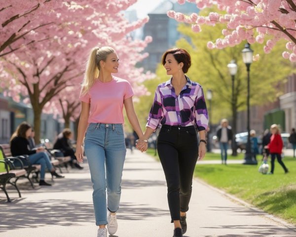 Women Walking in Cherry Blossom Park Pathway