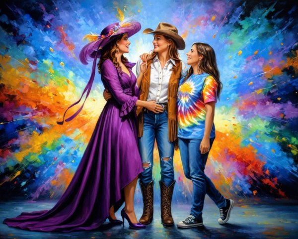 Three Women in Vibrant Outfits with Abstract Background