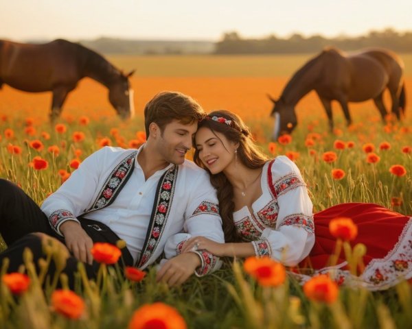 Couple in Traditional Attire in Flower Field