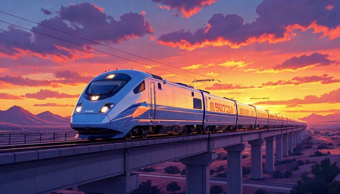High-Speed Train Crossing Bridge at Sunset