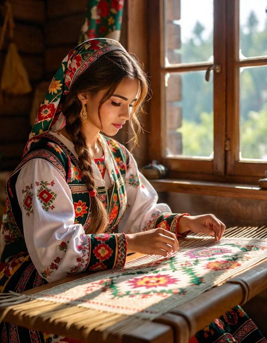 Young Woman Weaving in Traditional Folk Attire by Window
