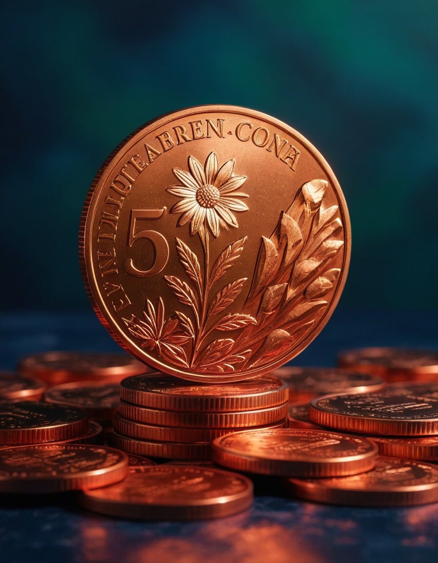 Copper Coin with Floral Design on Blurred Background