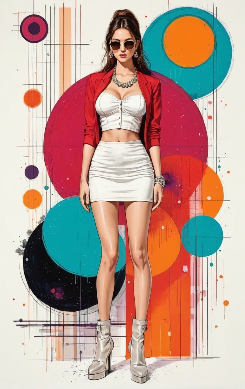 Stylish Woman in Bold Outfit Against Abstract Background