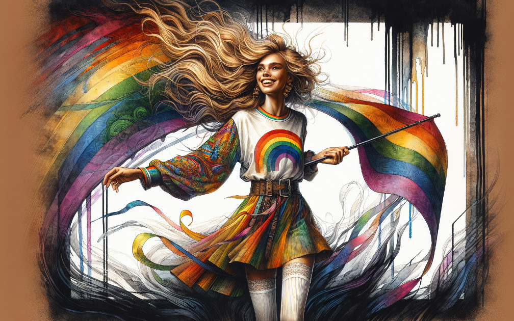 Joyful figure dancing with rainbow flag and colors