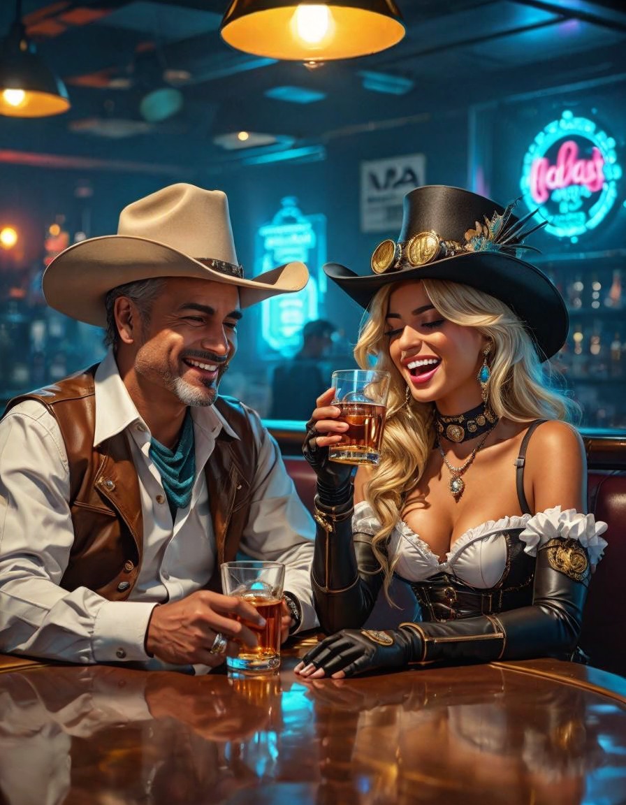 Costumed Couple Toasting at a Neon Bar Scene