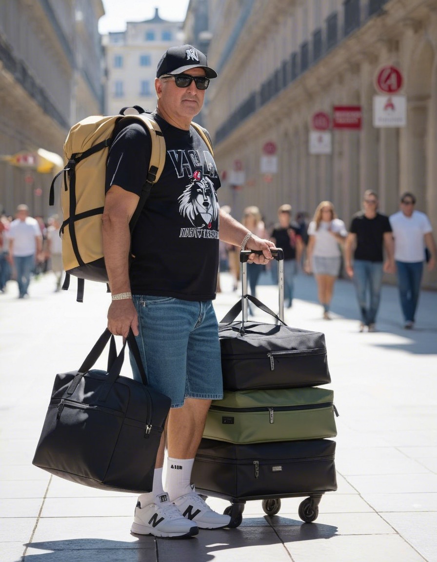 Man in Graphic Tee and Denim Shorts on City Street