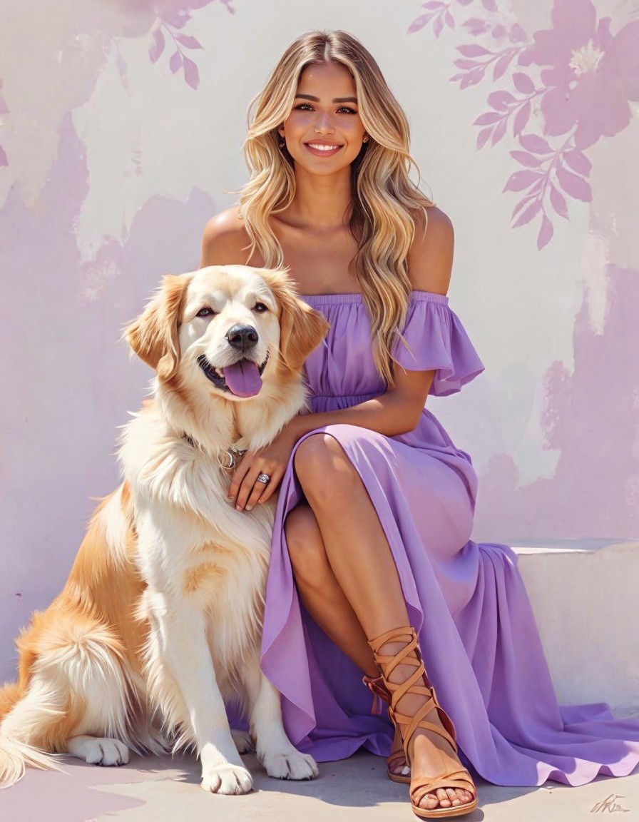 Young Woman in Lavender Dress with Golden Retriever