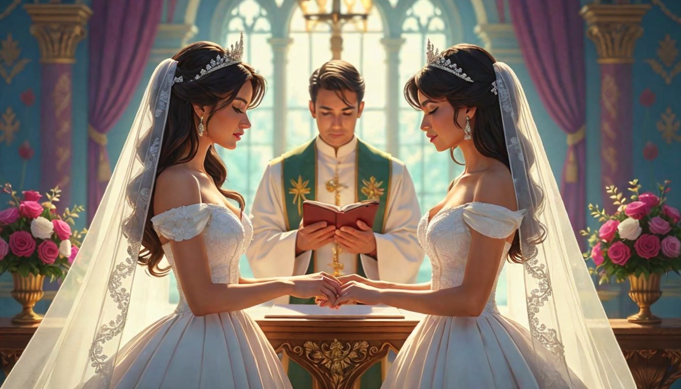 Two Brides in Elegant Gowns at Romantic Ceremony