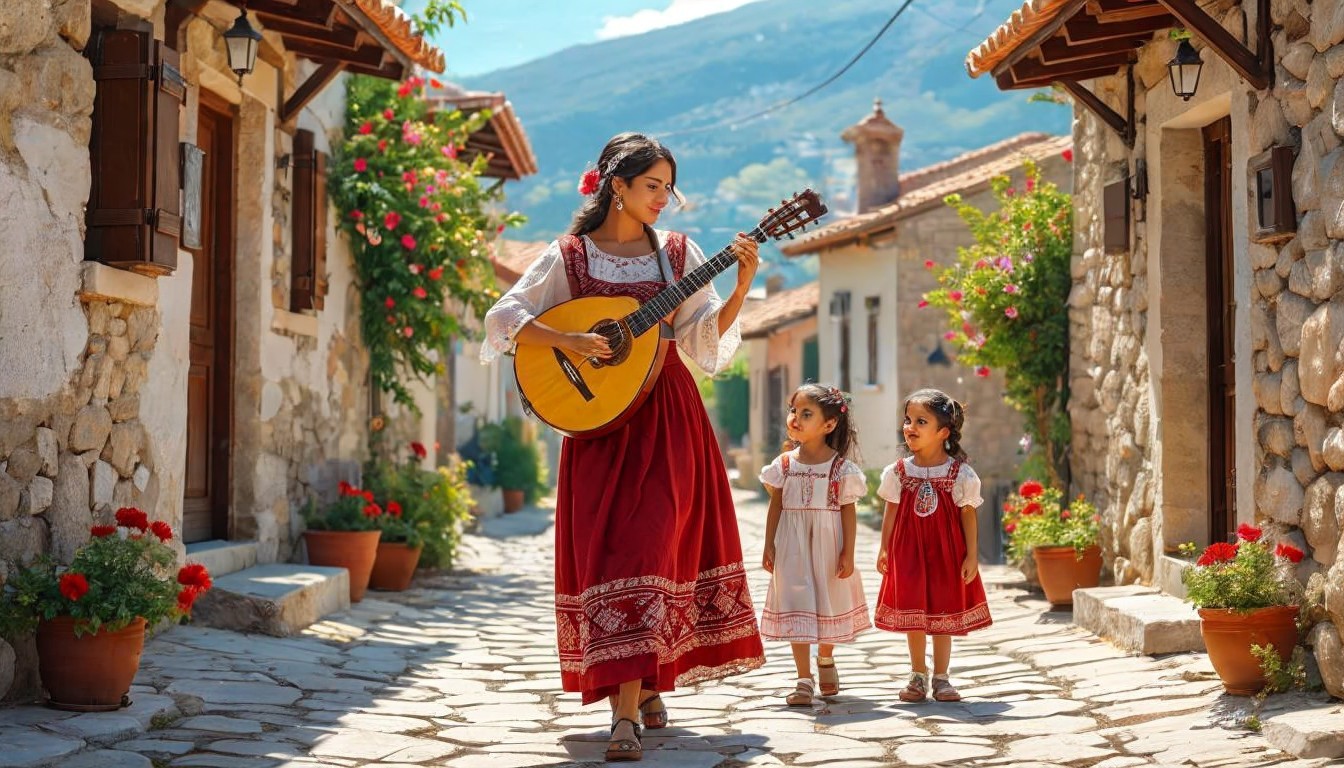 Woman in Red Dress Playing Guitar on Cobblestone Street