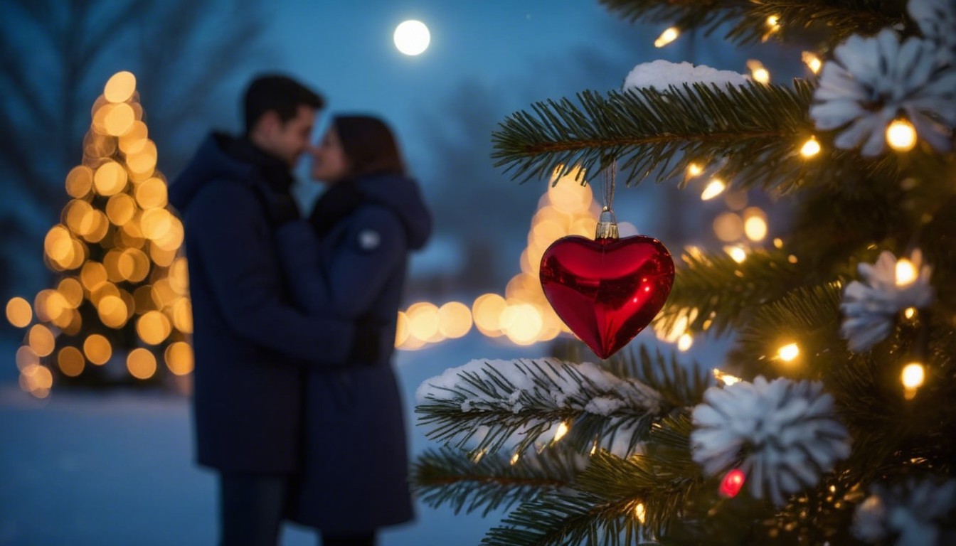Romantic Winter Scene with Holiday Lights and Snow