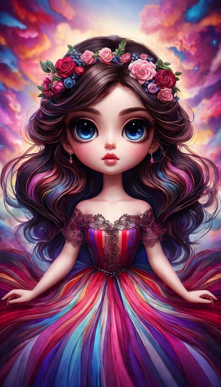 Whimsical Doll Figure Against Vibrant Sky Background