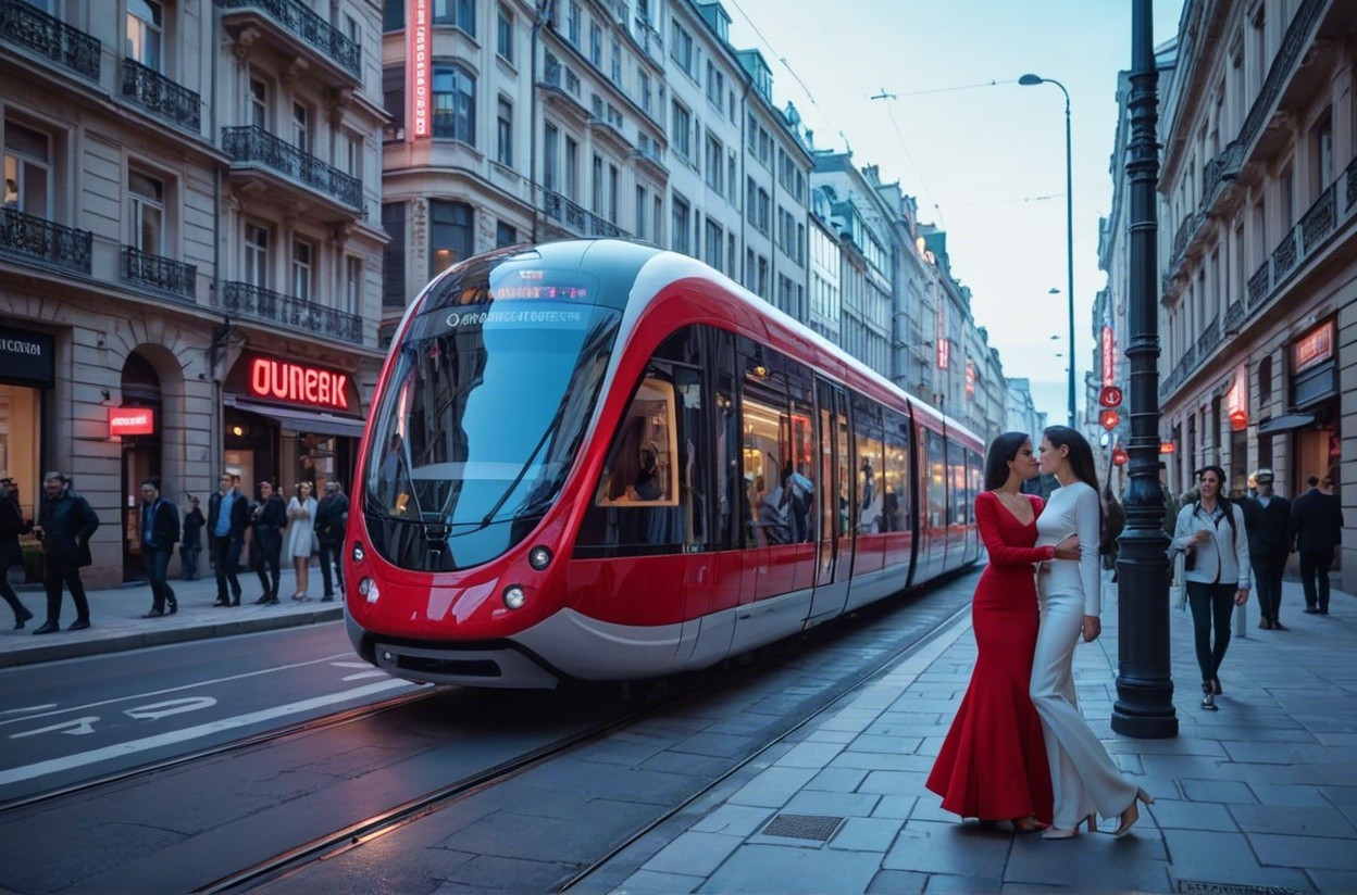 Urban Dusk Scene with Women in Elegant Dresses
