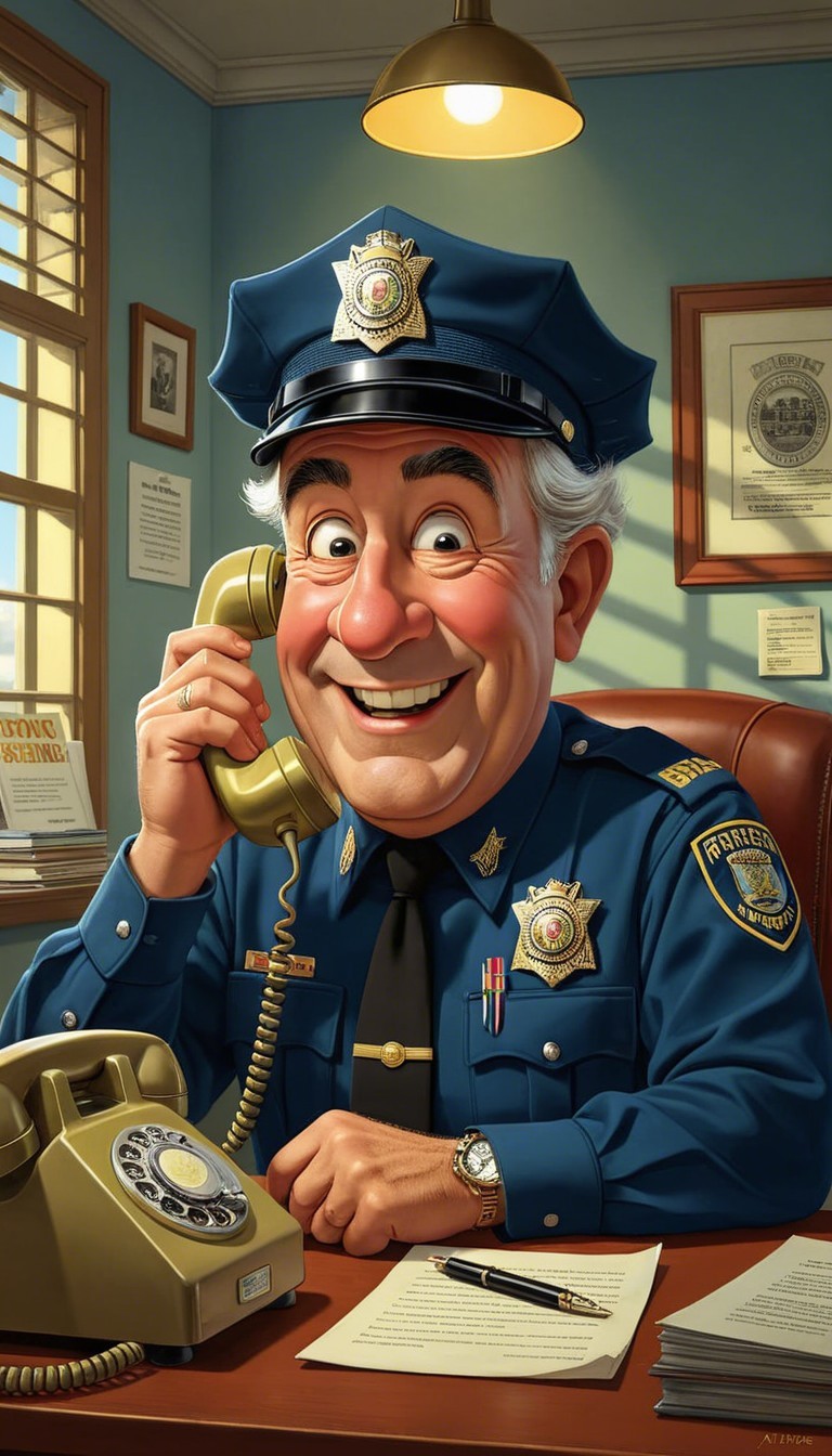 Jovial Police Officer at Desk with Vintage Phone