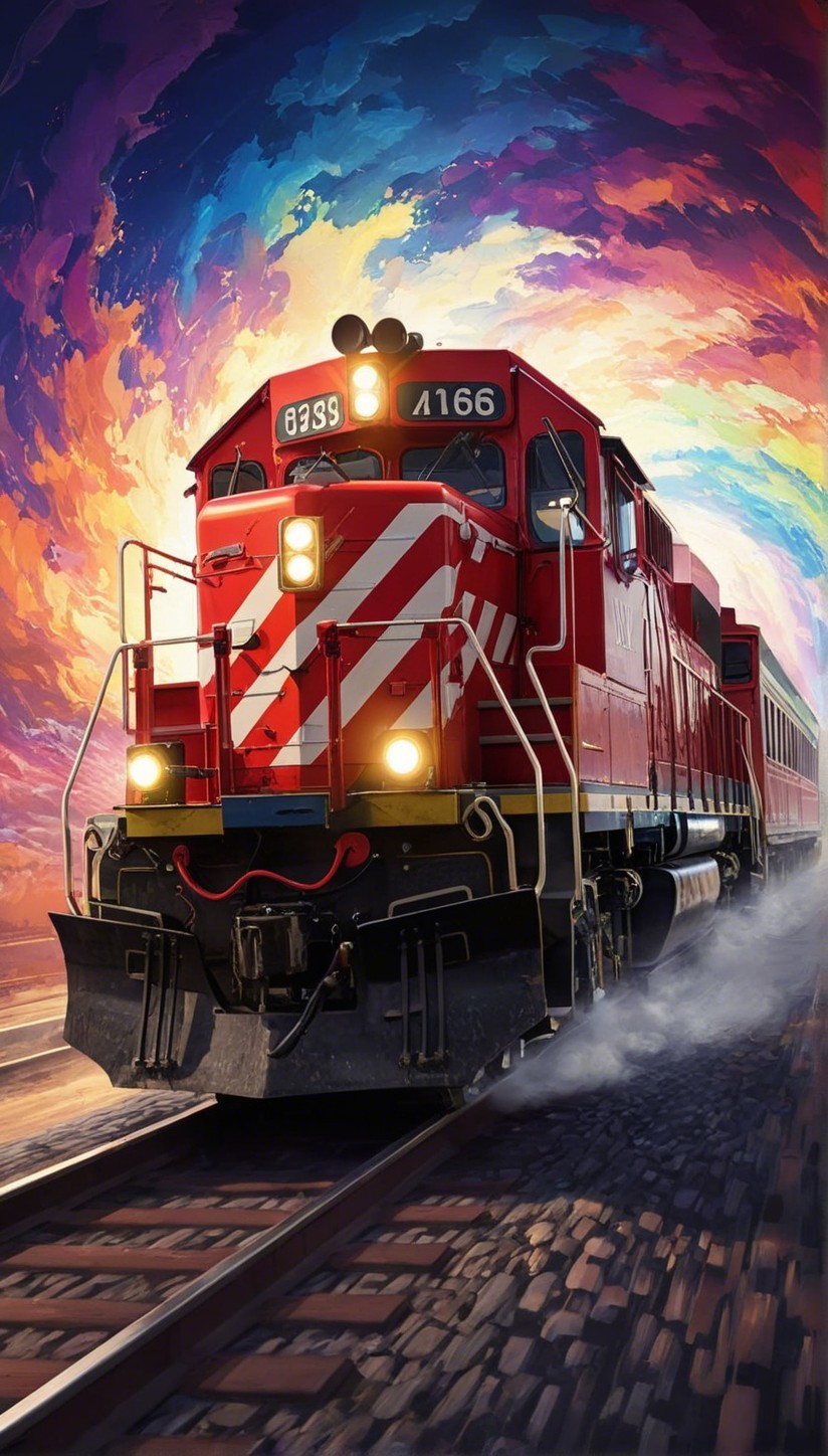 Vibrant illustration of a classic red train in motion