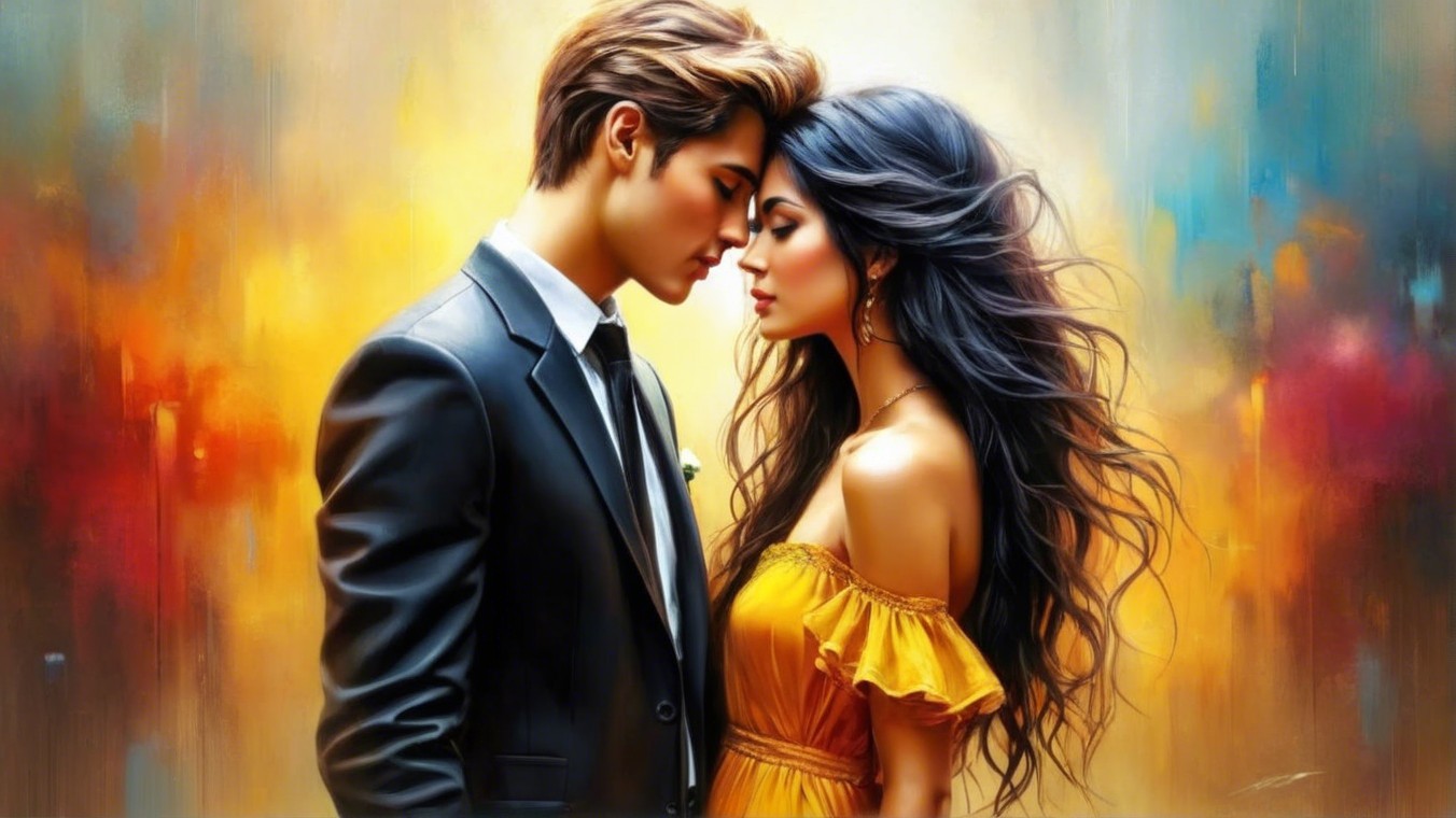 Couple in Intimate Embrace with Colorful Background