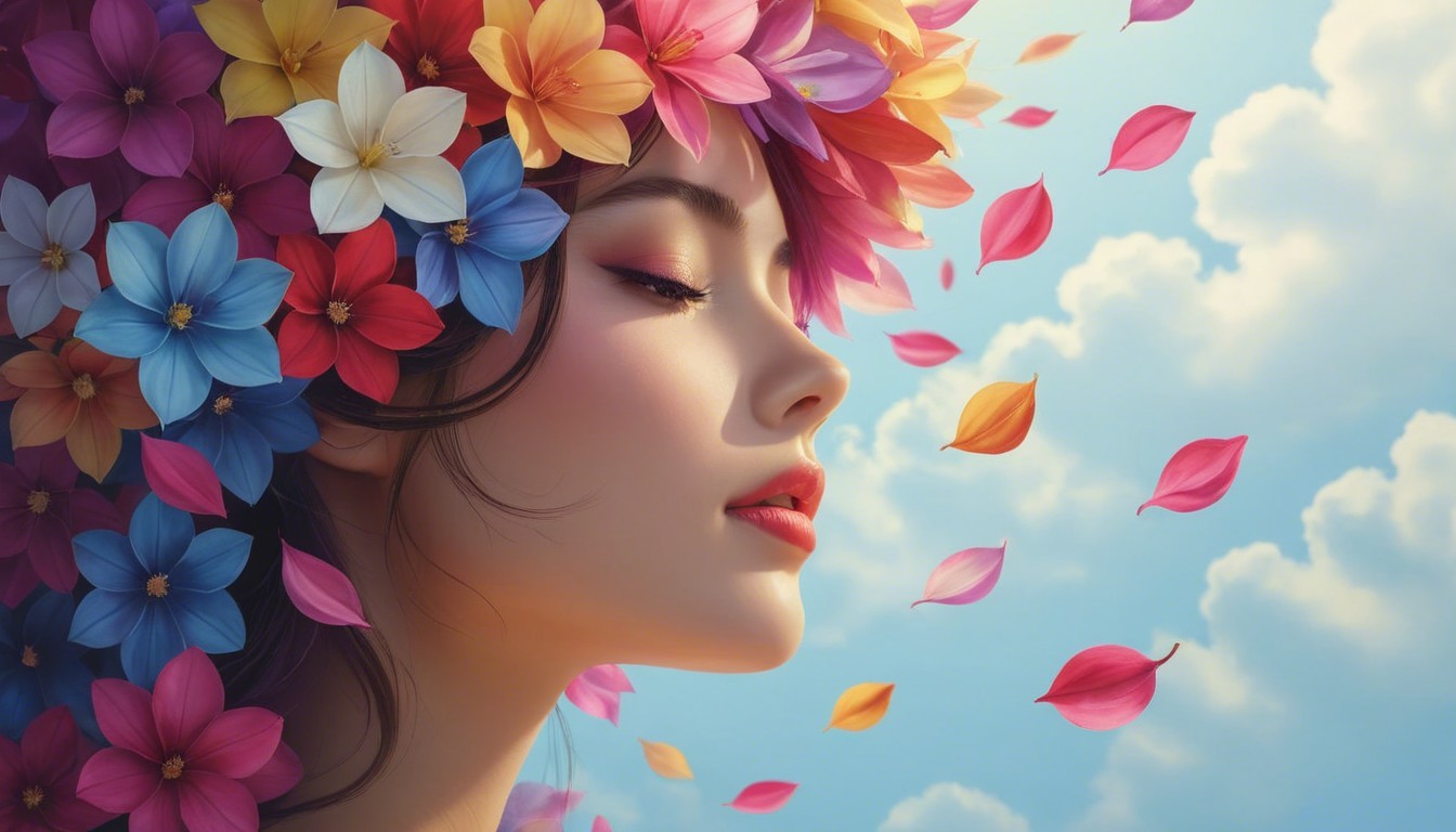 Young Woman with Flower Crown in Dreamy Sky