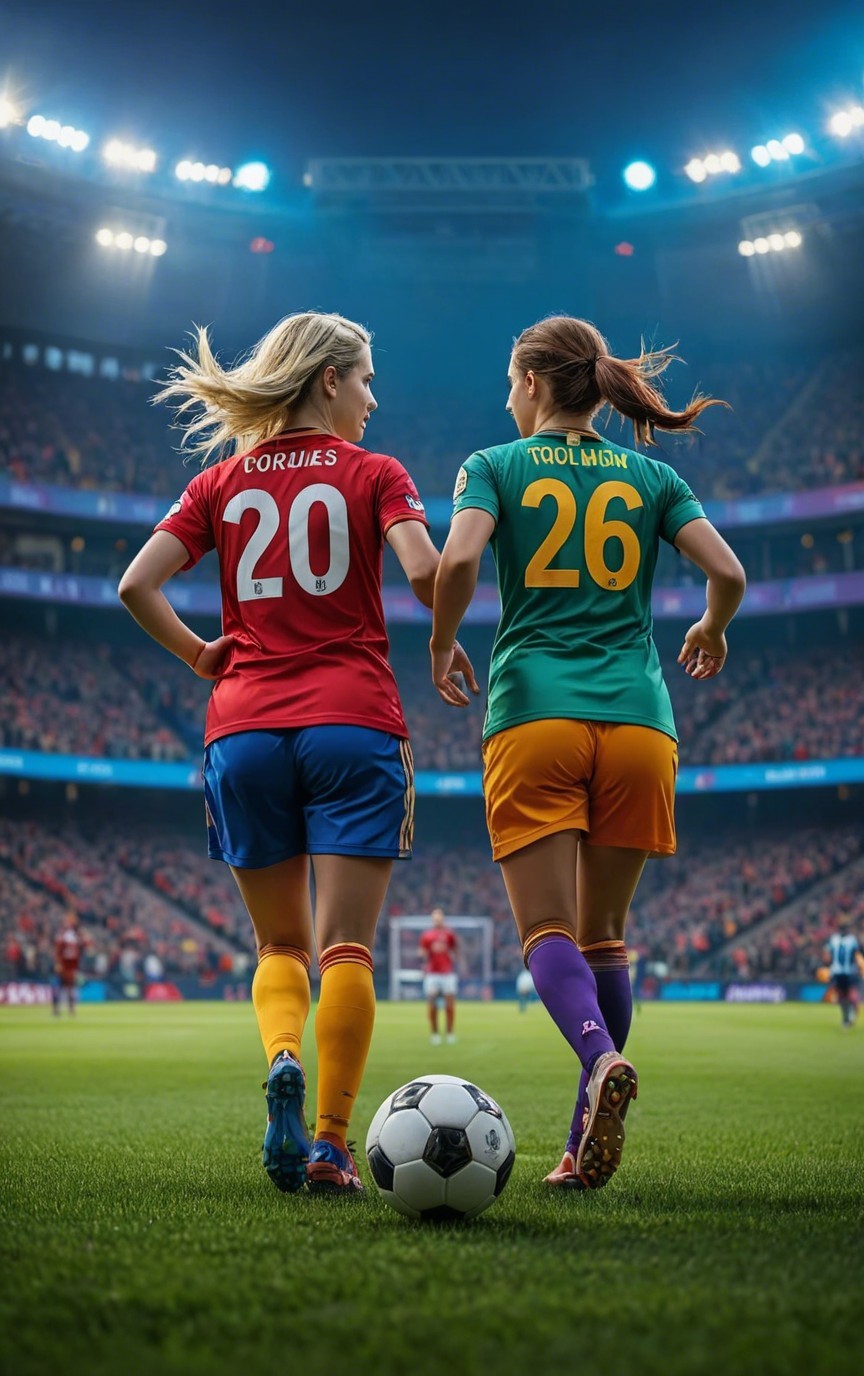 Female Soccer Players on Grass Field with Soccer Ball