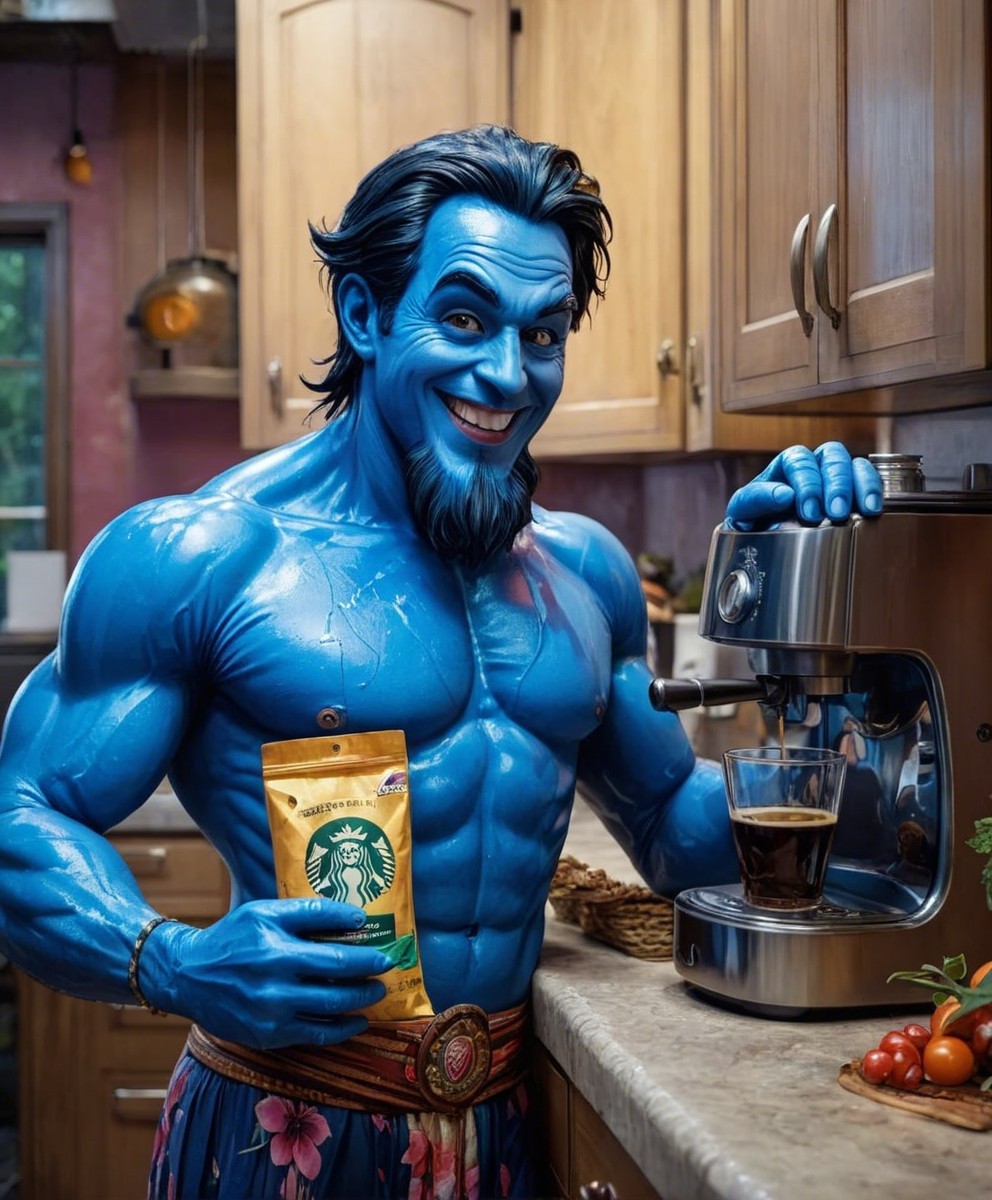 Muscular Blue-Skinned Genie in Kitchen with Espresso Machine
