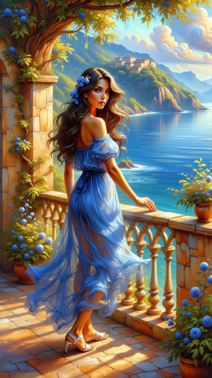 Woman in Blue Dress on Balcony by Tranquil Sea
