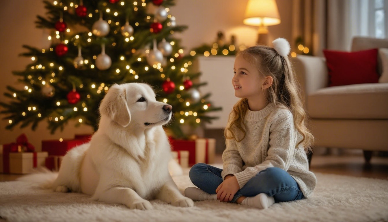 Cozy Holiday Scene with Girl and Golden Retriever