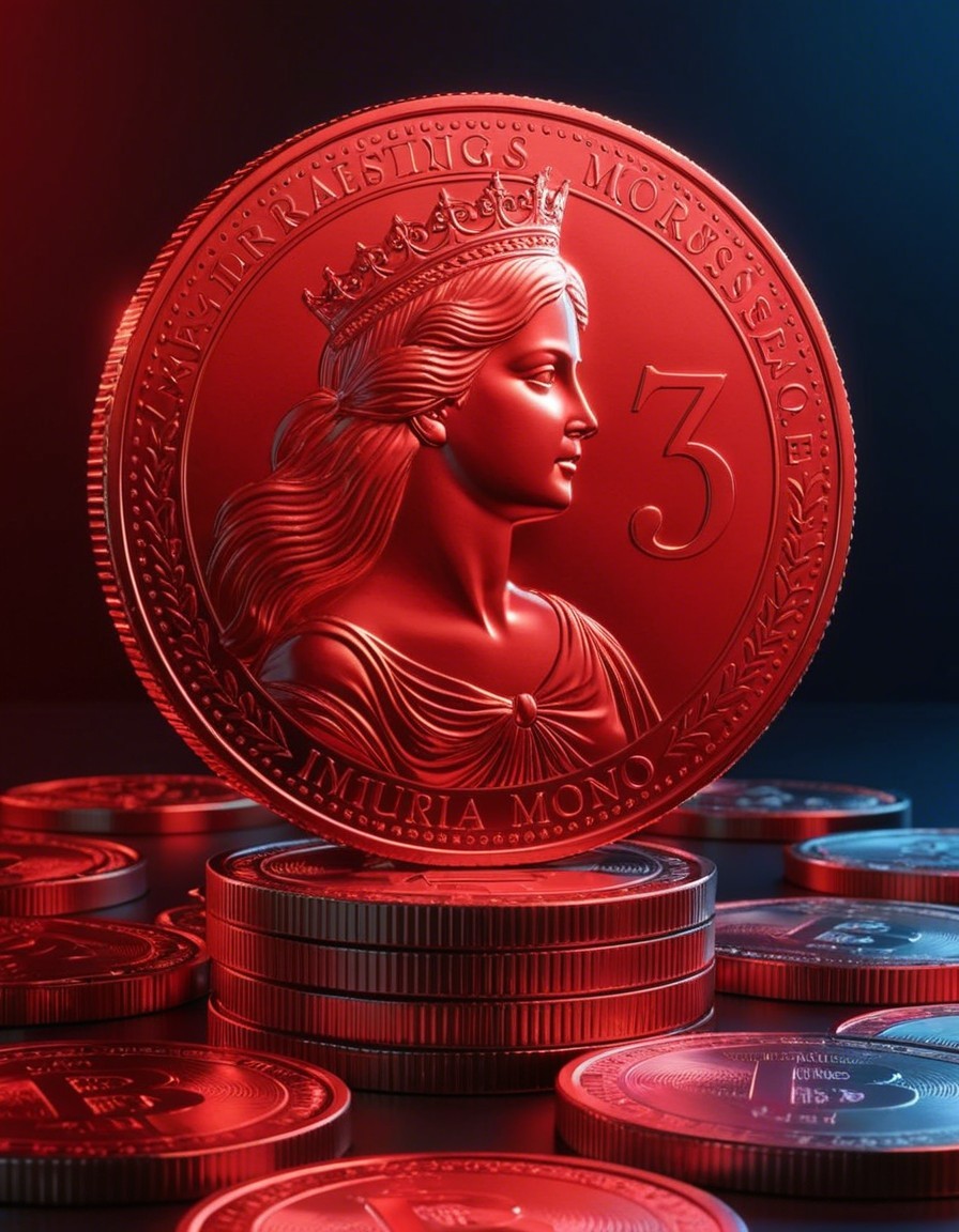Large Red Coin with Regal Figure and Smaller Coins