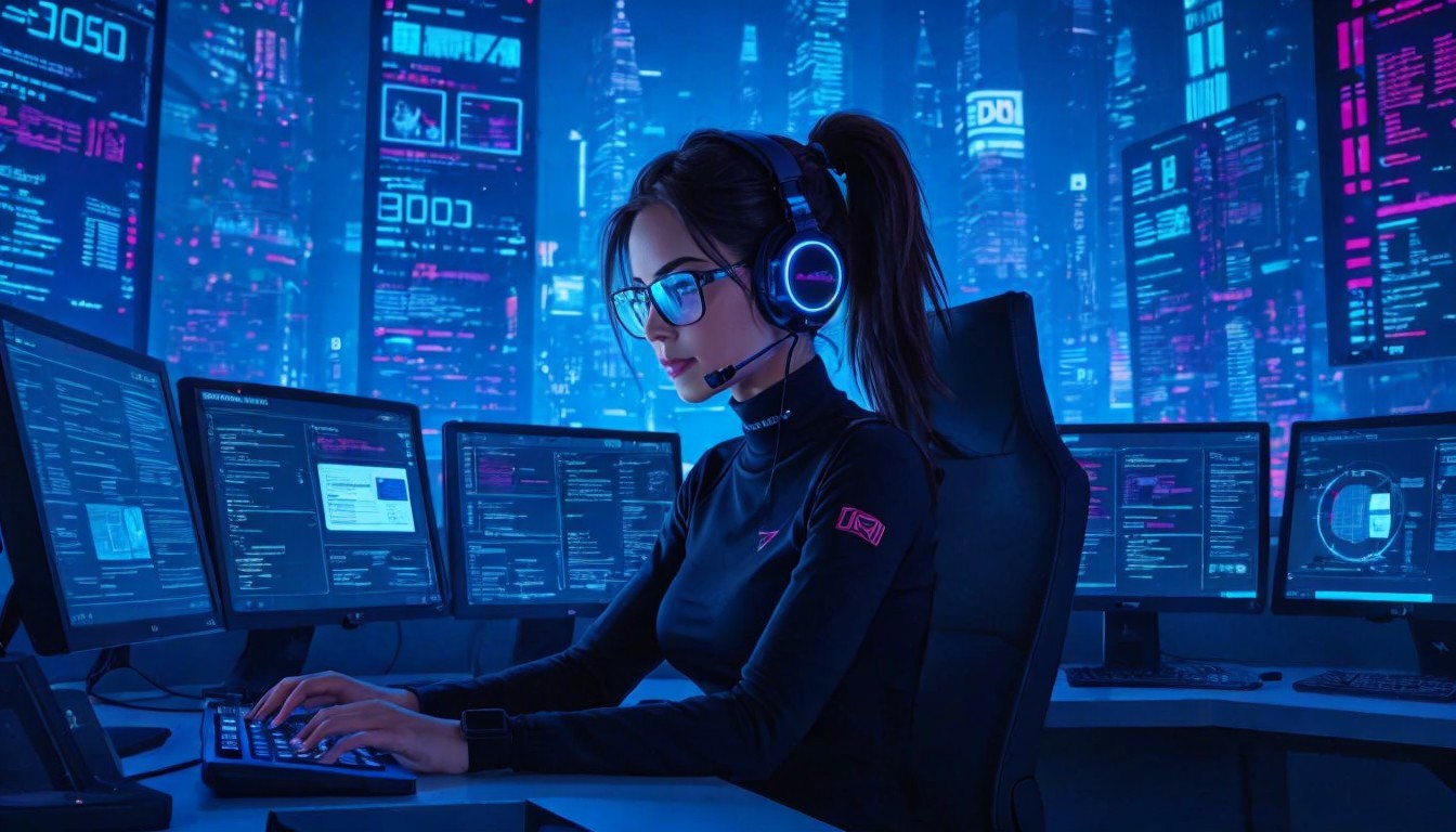Futuristic Cyberpunk Scene with Young Woman at Desk