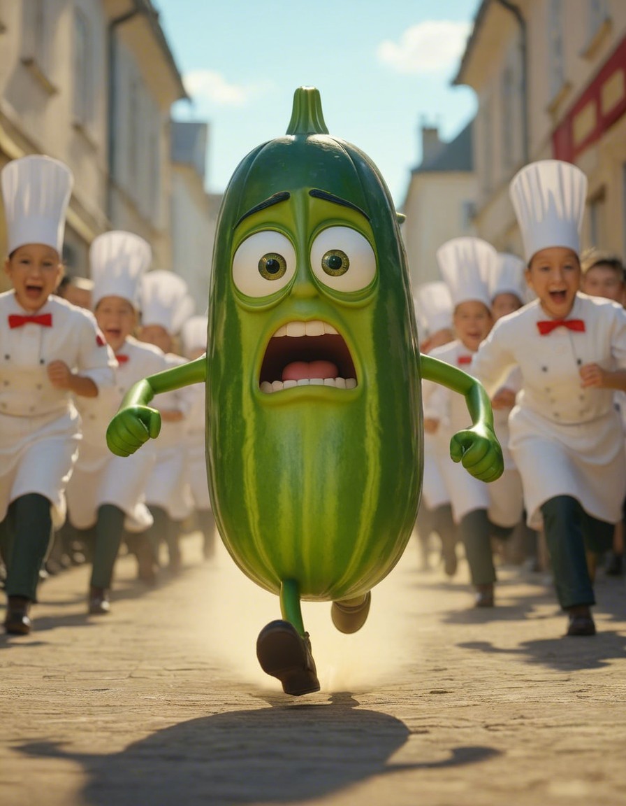 Cartoon Cucumber Character Chased by Chefs on Street