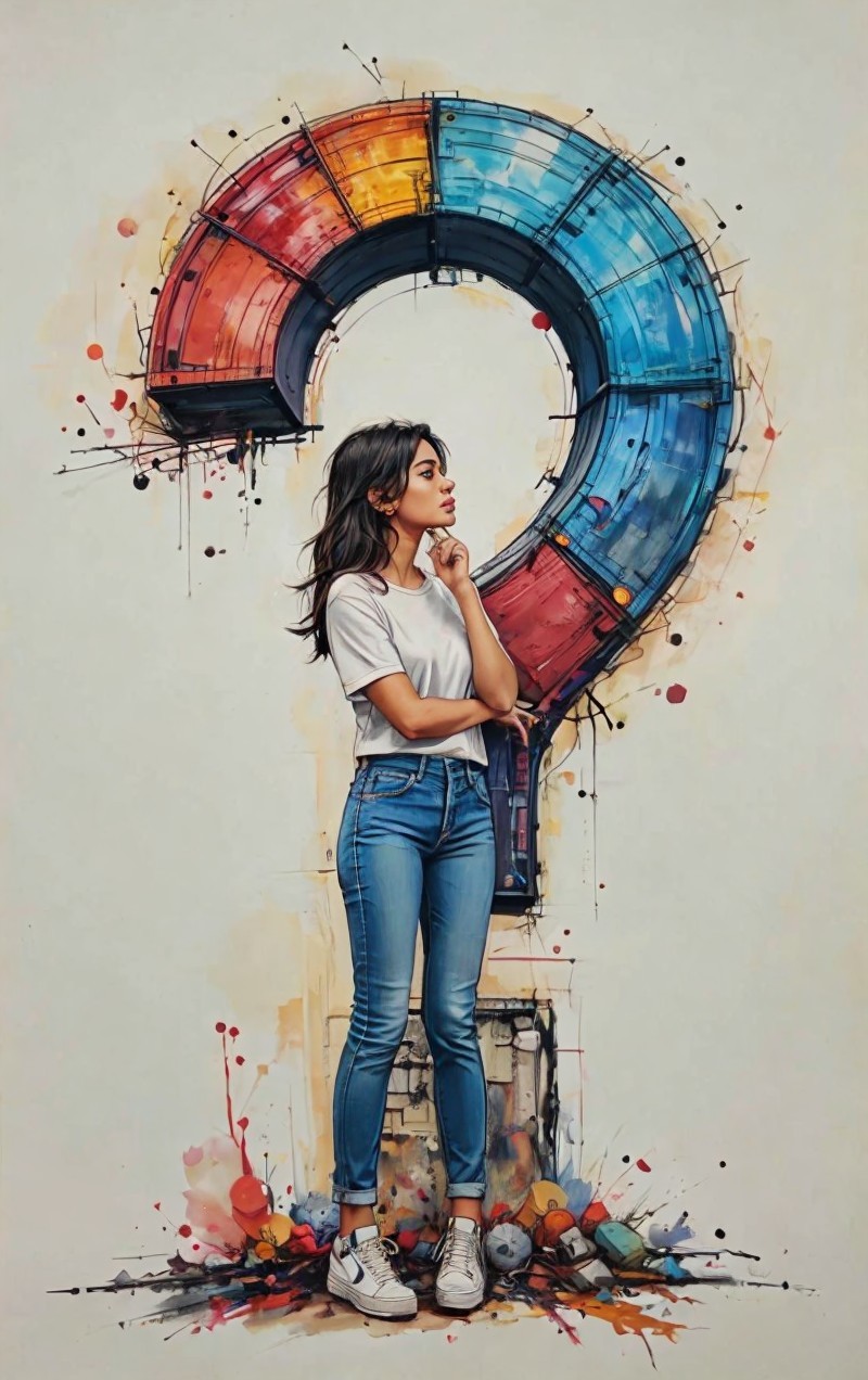 Young woman beside colorful graffiti question mark