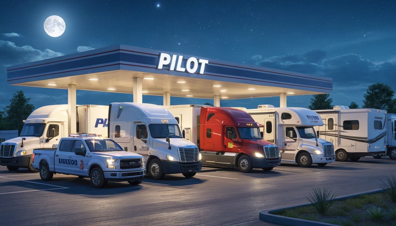 Nighttime Scene at a Gas Station with Trucks and Moonlight