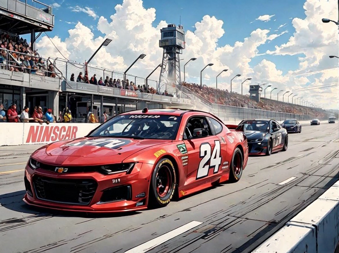 Vibrant NASCAR Race Scene with Red Car and Fans