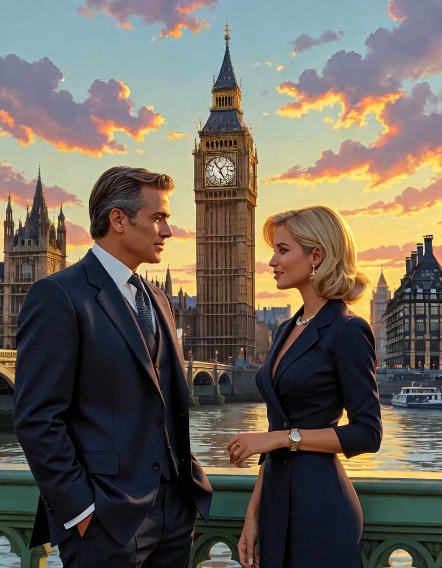 Couple on Bridge with Big Ben at Sunset Over Thames