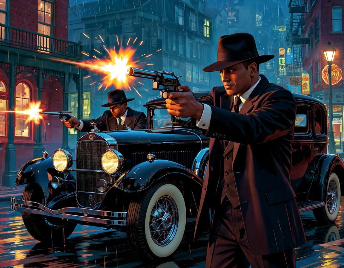 Gunfight in Rainy Urban Noir Setting with Neon Lights