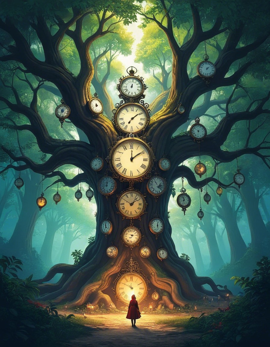 Mystical forest with a giant clock-adorned tree