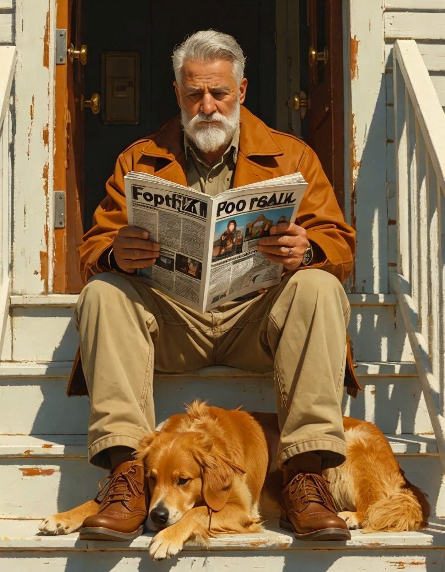 Man with white beard reading newspaper on steps