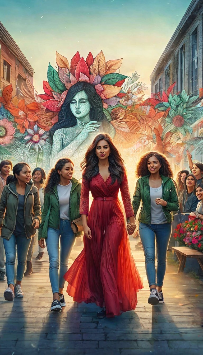 Confident Woman in Red Dress with Girls in Vibrant Street