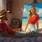 Cozy Room with Man, Beach Painting, and Warm Tones