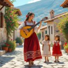 Woman in Red Dress Playing Guitar on Cobblestone Street