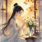 Woman in Traditional Attire Arranging White Roses by Window