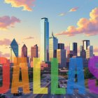 Dallas Skyline at Sunset with Colorful "DALLAS" Text