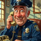 Jovial Police Officer at Desk with Vintage Phone