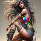 Crouched Female Figure in Colorful Fashion and Accessories