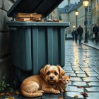 Small Dog and Kitten on Cobblestone Street at Night