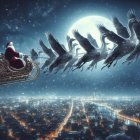 Santa Claus in Sleigh Pulled by Geese Over City at Night