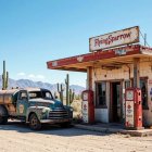 Rustic Gas Station with Vintage Pumps in Desert Landscape