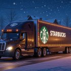 Festive Winter Scene with Starbucks Truck and Decorated Homes